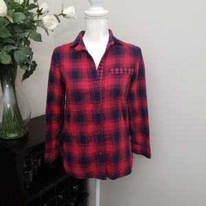 Madewell High Low Red Plaid Button Front Top